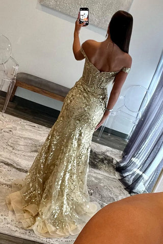 Sparkly Golden Off the Shoulder Mermaid Sequins Long Prom Dress with Slit