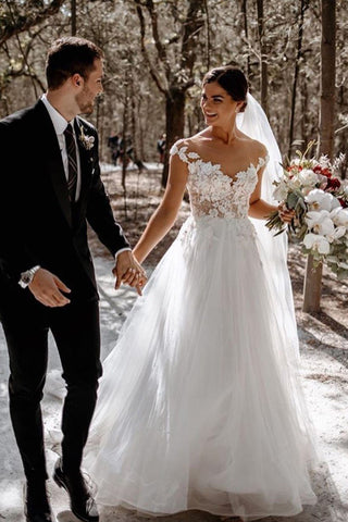 BMbridal Cap Sleeves Summer Beach Tulle Wedding Dress WIth Appliques