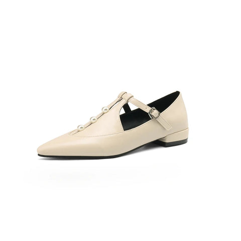 - Plus Size 41 42 43 Spring Autumn New Pointed Toe Pearls T-strap Buckle Mary Jane Shoes Women's Comfortable Flats Loafers Shoes
