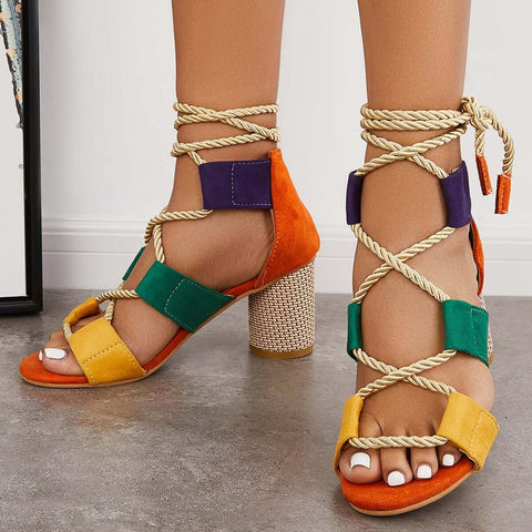Cutout Ankle Tie Sandals Anke Strap Chunky Heel Strappy Sandals