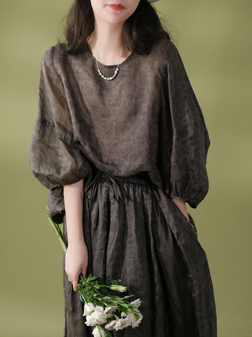 Women Summer Vintage Solid Drawstring Loose Shirt+Skirt