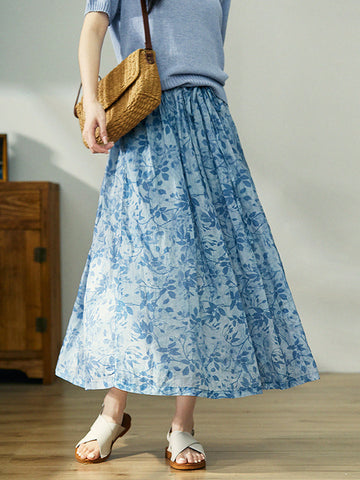 Women Summer Artsy Leaf Pleat Drawstring Ramie Skirt