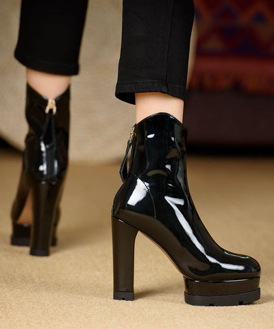 Style High Heel Ankle Boots Black Cowhide Lacquer Leather