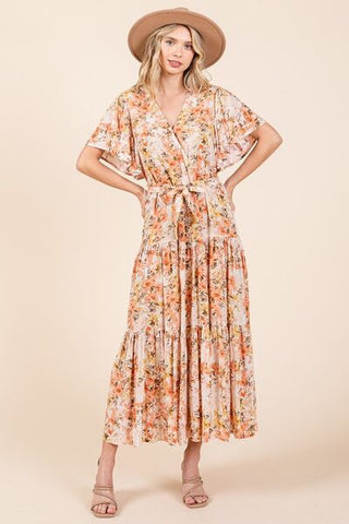 Floral Tie Waist Flutter Sleeve Tiered Summer Dress