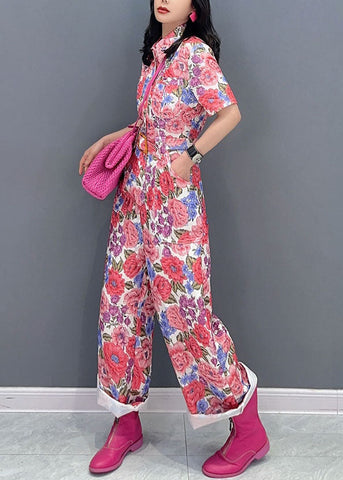 Fitted Red Peter Pan Collar Print Sashes Patchwork Cotton Jumpsuit Summer