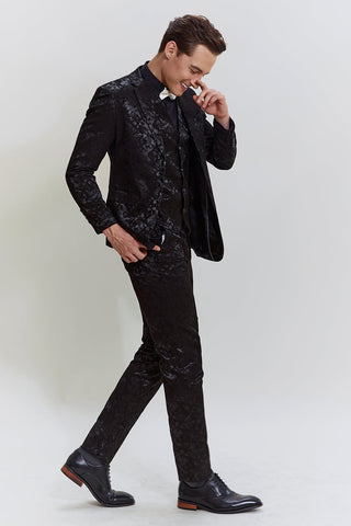 Schwarzer 3-teiliger Jacquard-Anzug mit Jacke, Weste und Hose für Herren
