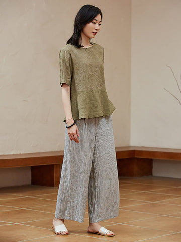 Women Summer Vintage Stripe Thin Loose Wide-leg Linen Pants