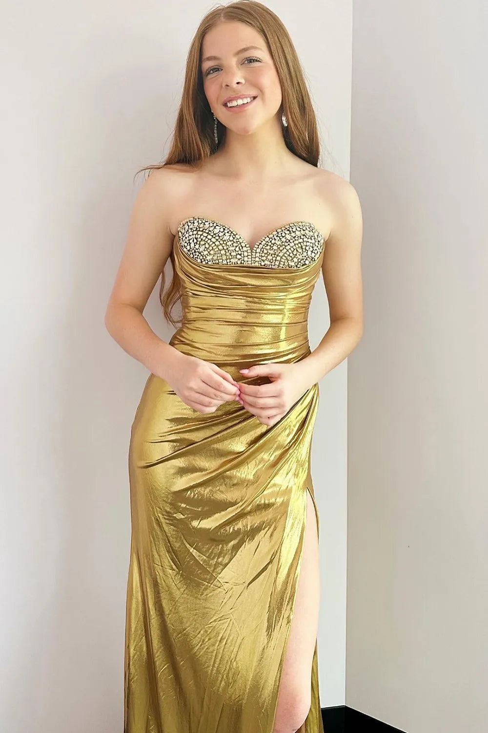 Silver Metallic Strapless Mermaid Long Prom Dress with Beading