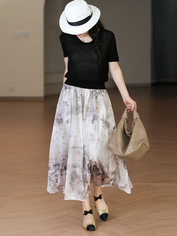 Women Summer Vintage Ink-print Pleat Loose Skirt