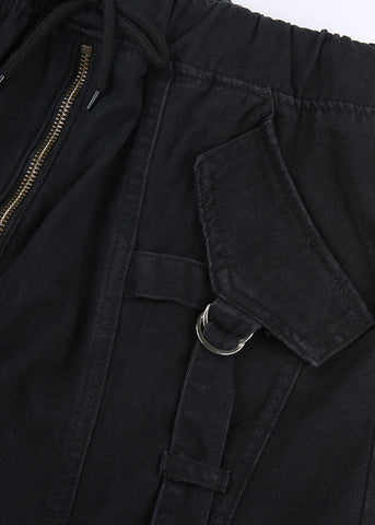 Style Black Zip Up Pockets Patchwork Denim Skirt Fall