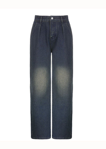 French Blue Pockets Patchwork Denim Wide Leg Pants Fall