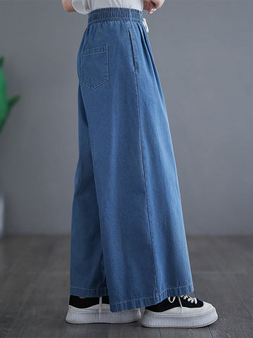 Women Summer Thin Solid Drawstring Wide-leg Denim Pants