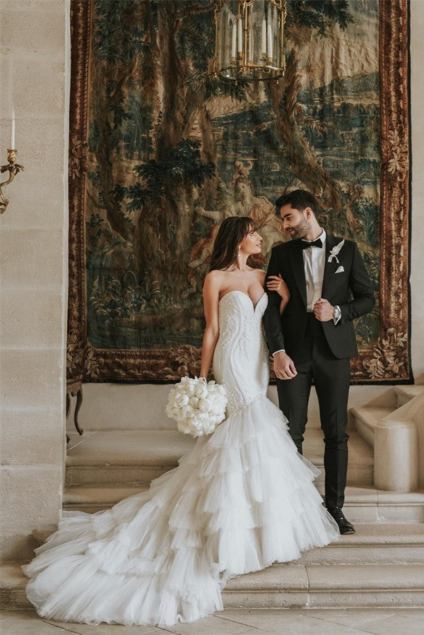 Bmbridal Sweetheart V-Neck Wedding Dress Mermaid Tulle Layered