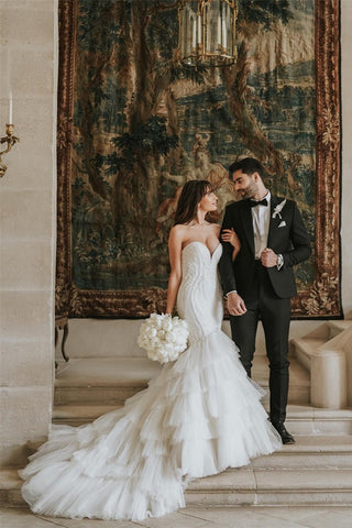 Bmbridal Sweetheart V-Neck Wedding Dress Mermaid Tulle Layered