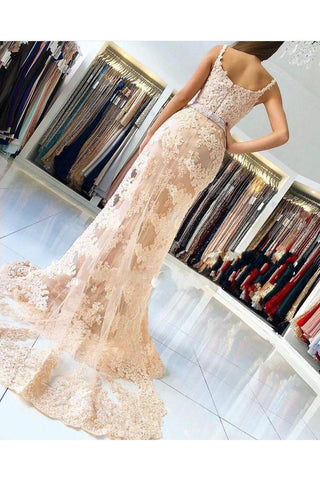 Alluring Chic Lace Spaghetti-Straps Chic Mermaid Prom Dresses Sleeveless Evening Dresses with Over-skirt