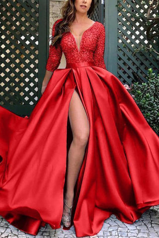 Amazing Lace Prom Dress Long Split On Sale 3/4 Sleeves
