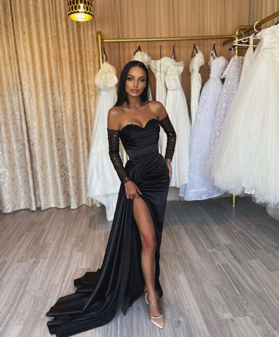 Amazing Long Black Mermaid Front Split Long Sequins Evening Party Gowns