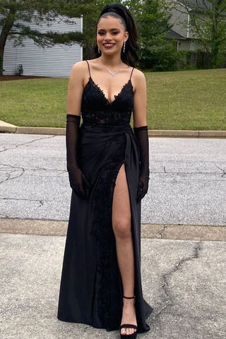 Amazing Long Black V-neck Spaghetti Straps Lace Sleeveless Evening Party Gowns Long Slit Online