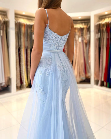 Amazing Mermaid Evening Dress With Lace Appliques Ruffles Spaghetti-Straps