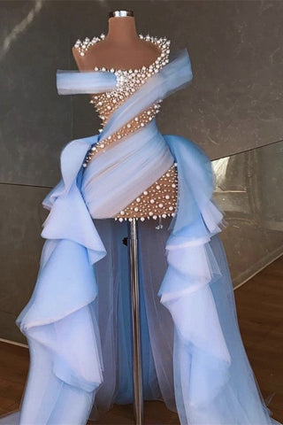Amazing Mermaid Prom Dress Tulle With Pearls Hi-Lo