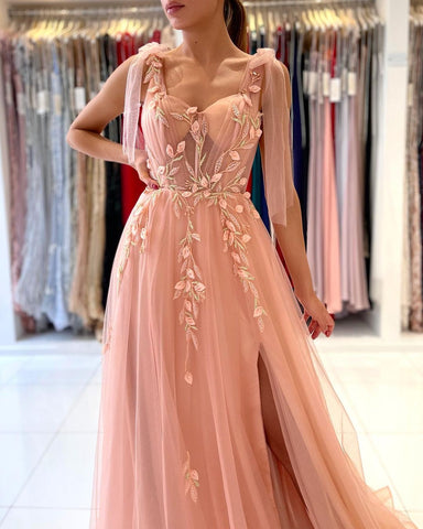 Amazing Straps Tulle Evening Dress Long With Split Sweetheart
