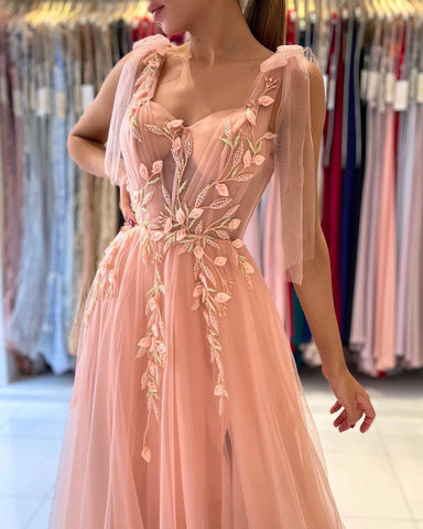 Amazing Straps Tulle Evening Dress Long With Split Sweetheart
