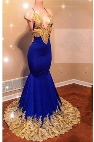Appliques Spaghetti Sleeveless V-Neck Mermaid Prom Dresses