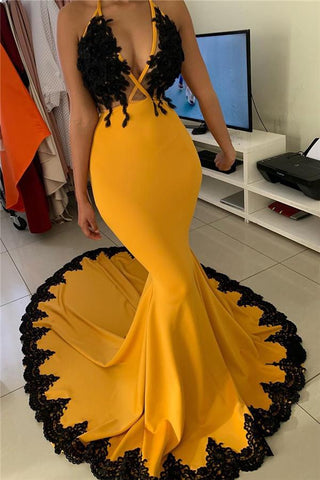 Appliques V-Neck Mermaid Halter Prom Dresses Floor Length Formal Party Dresses