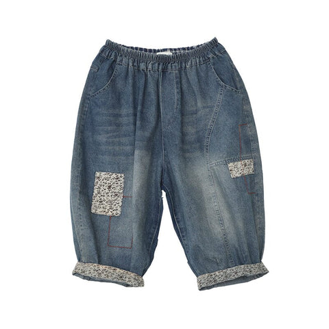 Women Casual Patchwork Loose Cotton Denim Shorts