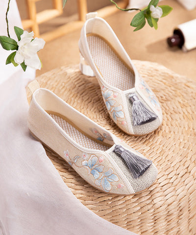 Boho Weiße Quastenstickerei Leinenstoff Plattfußschuhe