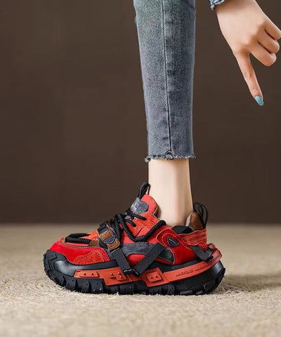 Neu Rot Wildleder Plattform Flache Sport Schuhe Spleißen Lace