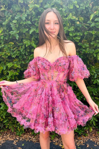 Cute A Line Off the Shoulder Ivory Printed Short Homecoming Dress