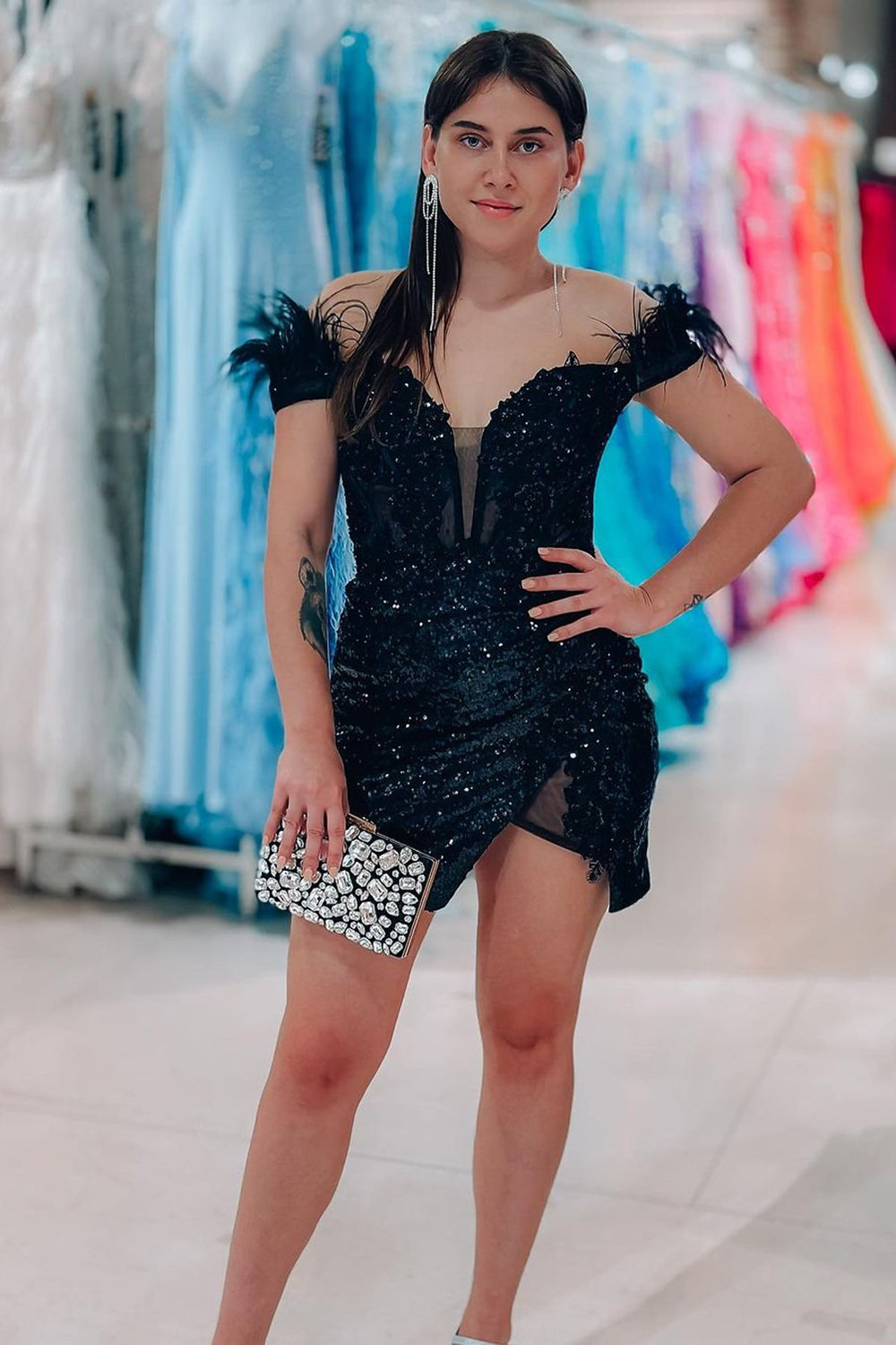 Glittering Glamour Sheath Off the Shoulder Black Short Homecoming Dress with Feather