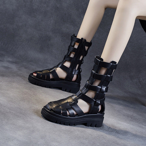 Women Summer Hollow Plaited Leather Boots