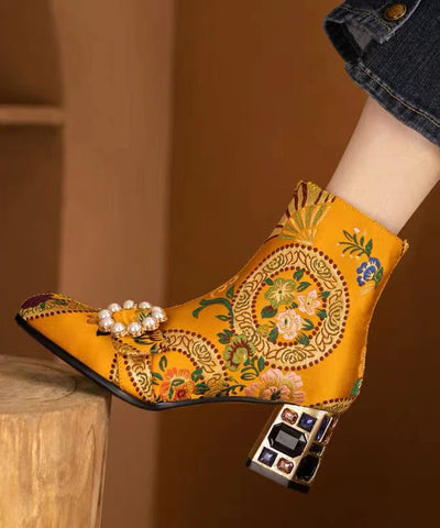 Bohemian Black Embroidery Nail Bead Zircon Chunky Heel Boots