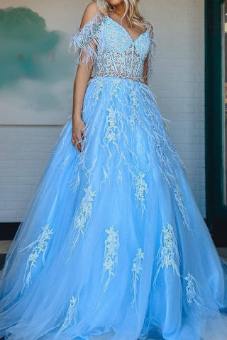 Gorgeous A Line Off the Shoulder Blue Corset Prom Dress with Appliques Feather