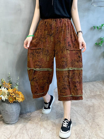 Women Summer Retro Flower Print Spliced Pocket Loose Pants