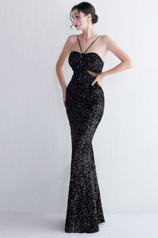 Mermaid Halter Black Sequins Long Prom Dress with Keyhole