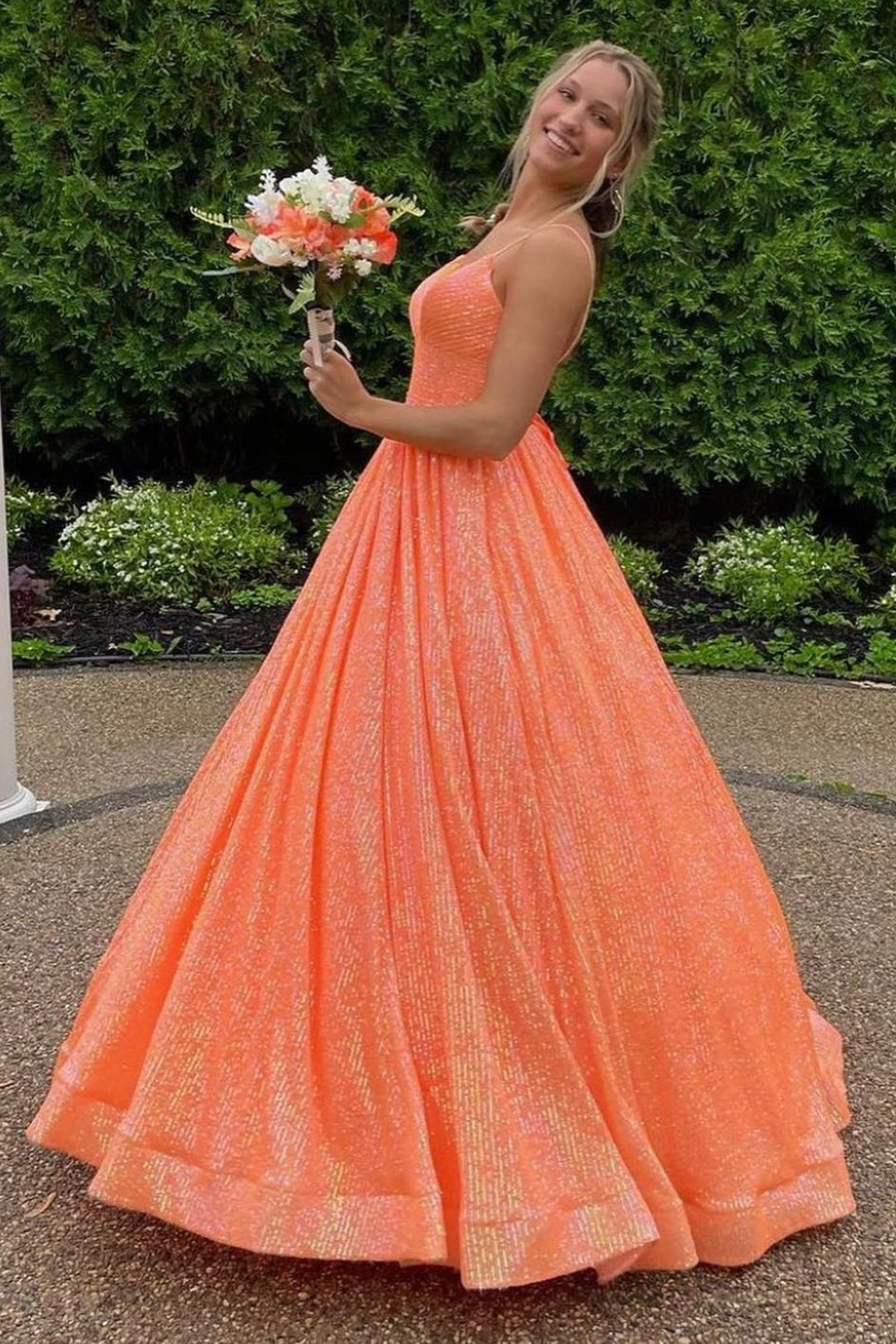 Fuchsia Sequins Spaghetti Straps A-Line Long Prom Dress