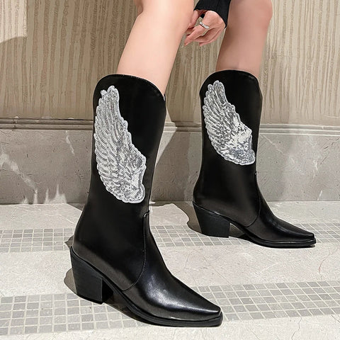 - Plus Size Bling Angel Wings Pattern Sequin Women's Mid Length Boots Pointed Toe Tapered Thick Heels Slip-On Dance Booties Silver