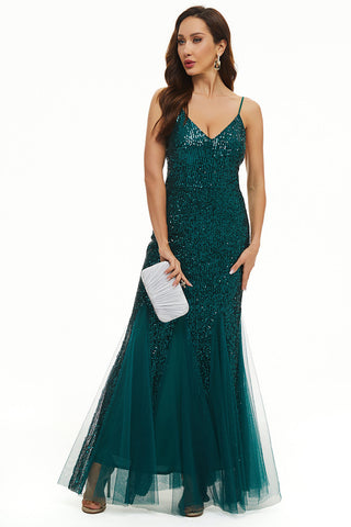 Sheath Spaghetti Straps Black Sequins Long Prom Dress