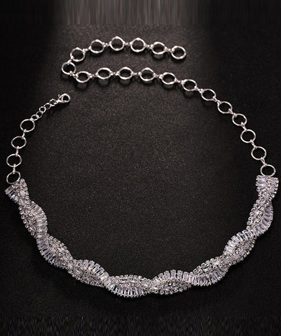 Original Design Silvery Zircon Crossover Design Collar Necklace