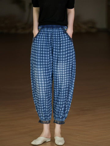 Women Retro Plaid Embroidery Spliced Lacework Harem Pants