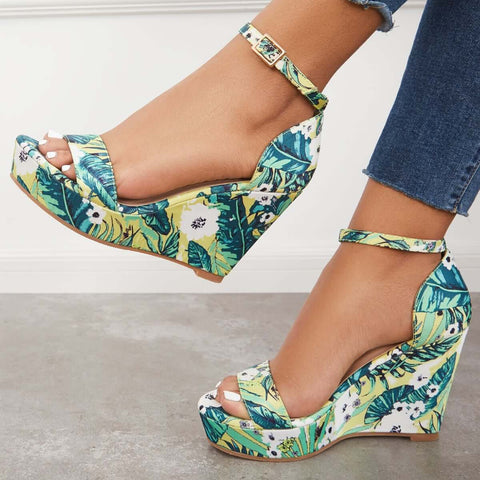 Printed Floral Style Platform Wedges Ankle Strap Sandals
