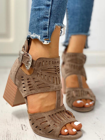 Hollow Out Chunky Heel Sandals