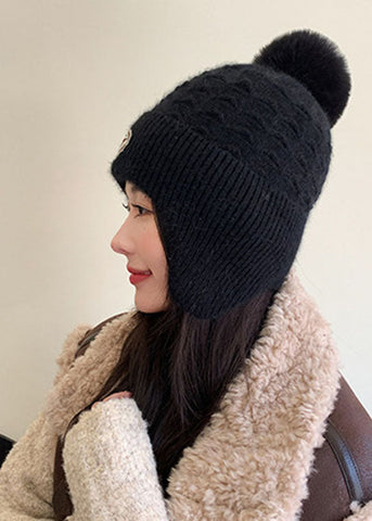 Einzigartige schwarze, warme Bonnie-Mütze aus gestrickter Baumwolle