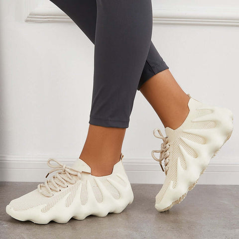 Pink Breathable Lace Up Running Sneakers Knit Athletic Shoes