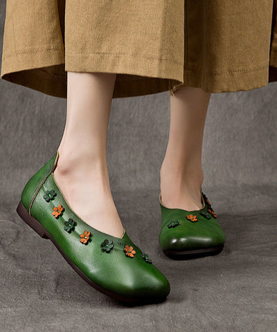 Bohemian Floral Splicing Flats Grünes Rindsleder