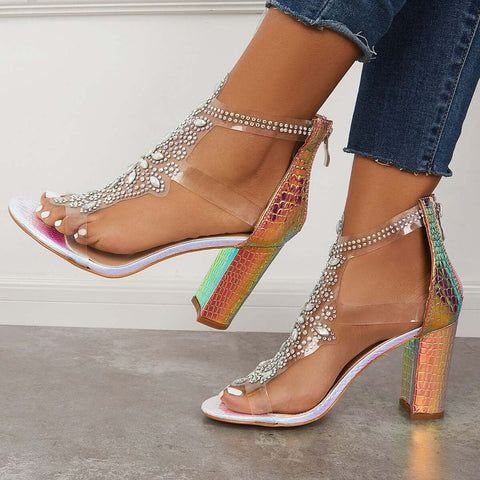 Rhinestone Block Chunky High Dress Heels T-Strap Sandals