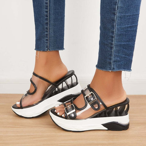 Clear Slip On Wedge Sandals Double Buckle Slide Slippers